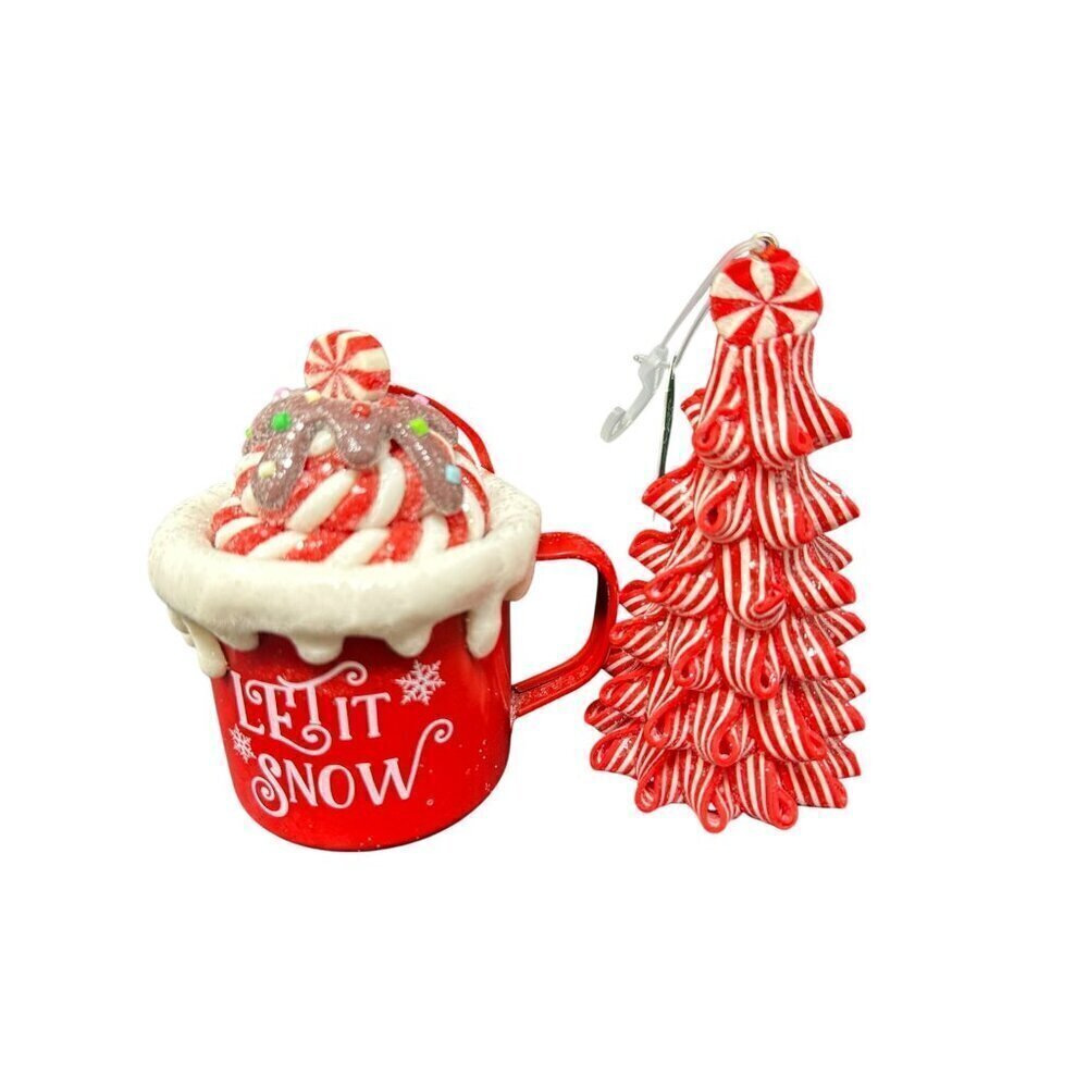 Peppermint Tree Cocoa Mug Ornament Set Christmas Holiday Festive Candyland Red